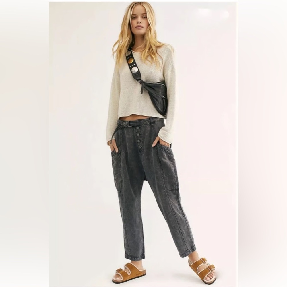 Free People Washed Black Drop Crotch Cargo Crop Pants Utility Boho Grunge 10